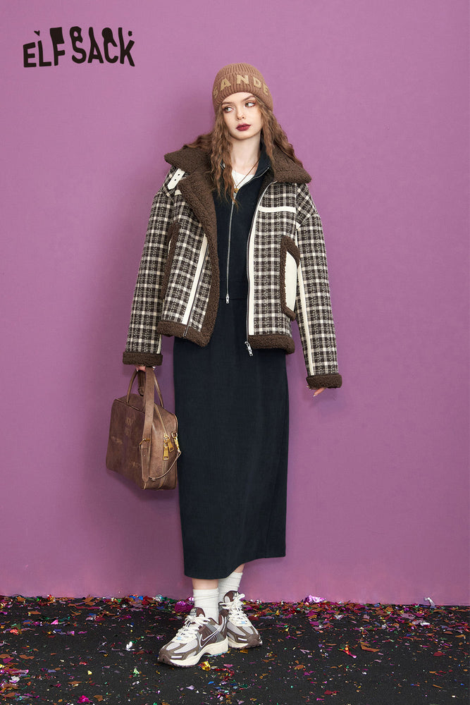 
                  
                    ELFSACK Lmitation Lamb Hair Vintage Plaid Coats Women 2023 Winter Warm Outwears
                  
                