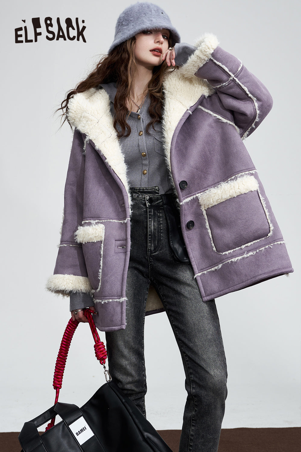 ELFSACK Purple Thickening Cotton Coats Women Warm Jackets