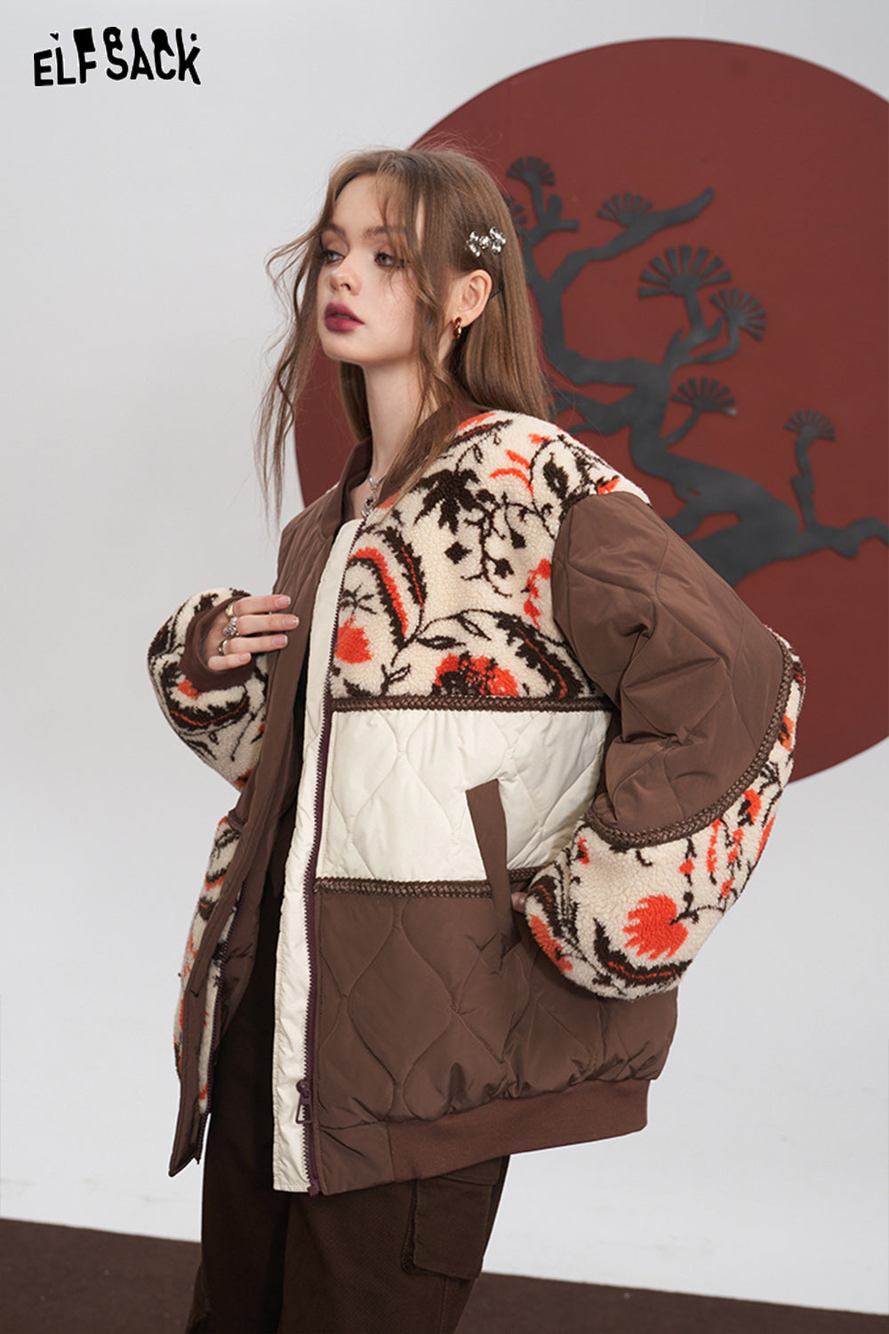 ELFSACK Spliced Cotton Coats Women Loose Rhombus Designed Jackets