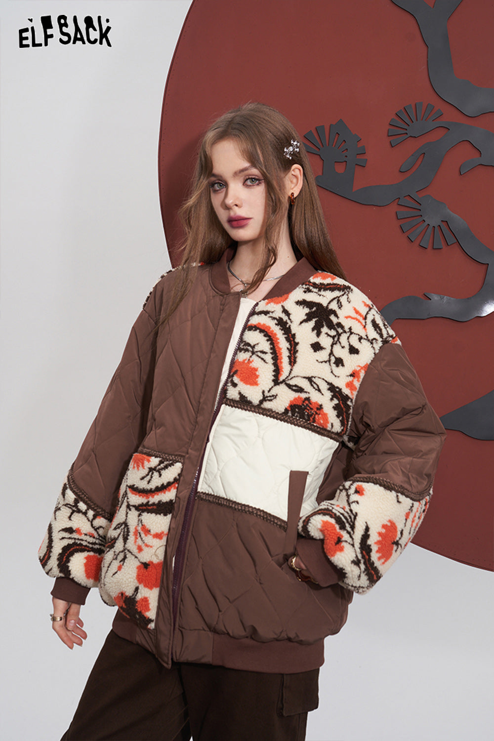 ELFSACK Spliced Cotton Coats Women Loose Rhombus Designed Jackets