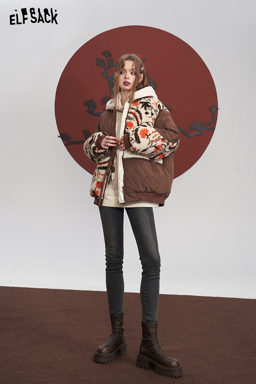 ELFSACK Spliced Cotton Coats Women Loose Rhombus Designed Jackets