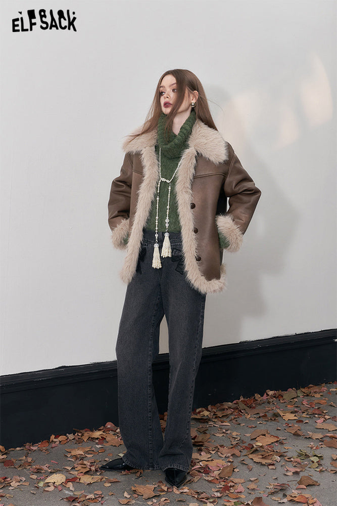 
                  
                    ELFSACK Fleece PU Coats Woman 2023 Winter New Designer Luxury Clothes
                  
                