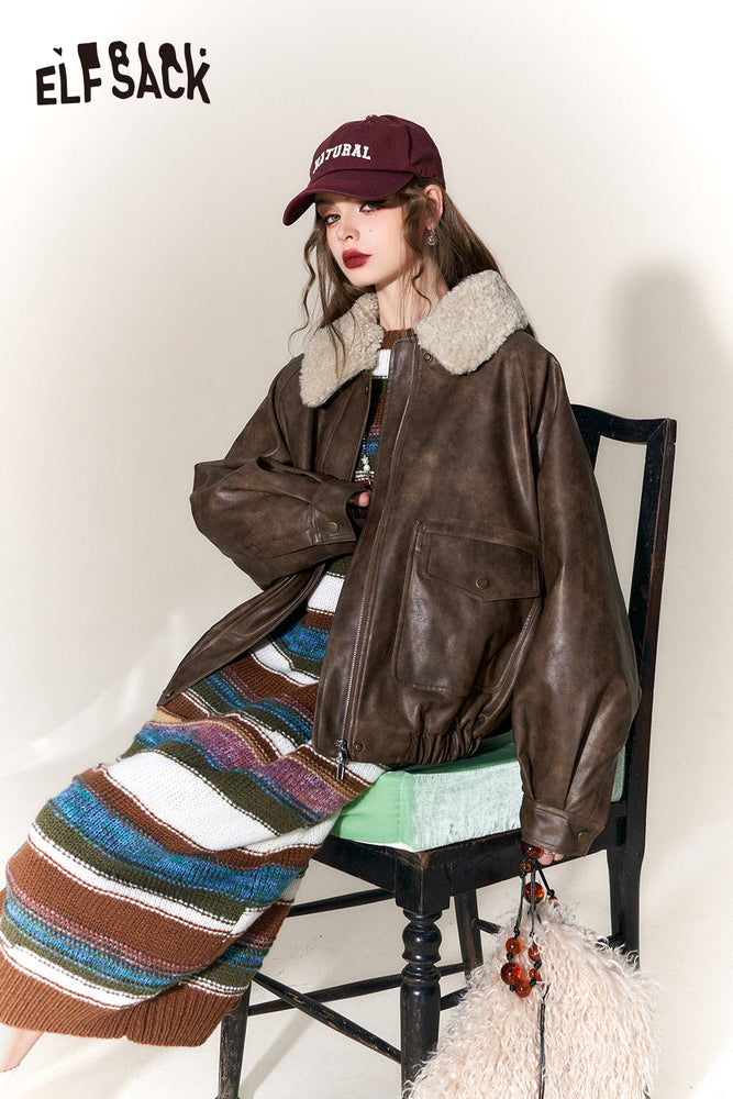 
                  
                    ELFSACK Korean Fashion PU Spliced Jacket Women 2023 Winter Retro Handsome Outwears
                  
                
