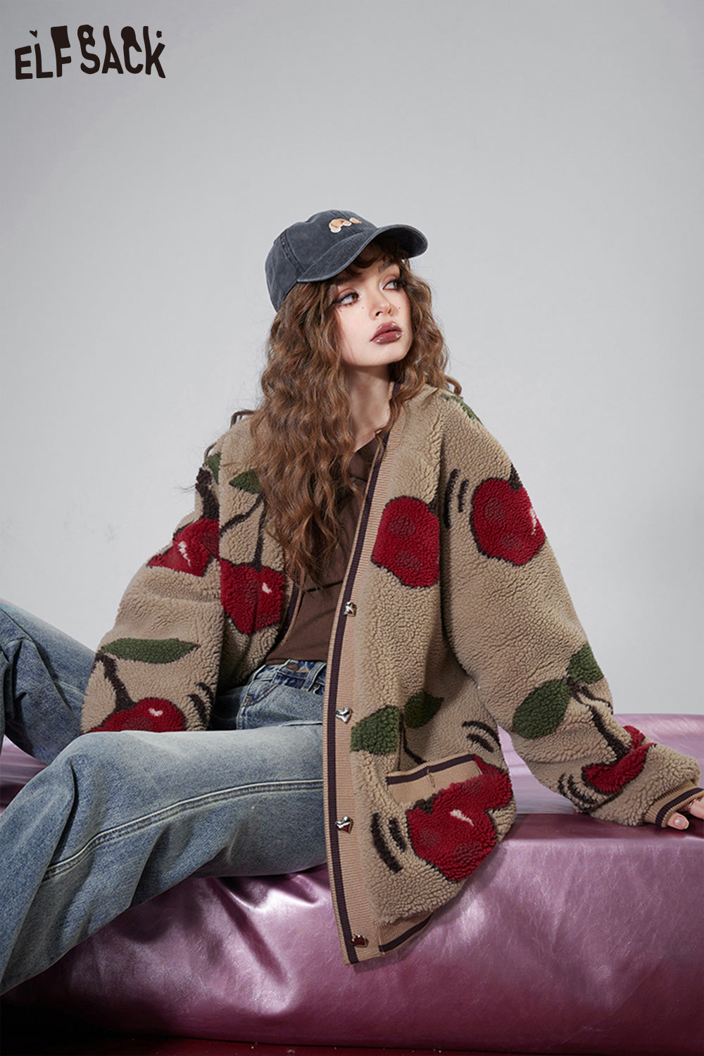 ELFSACK Kawaii Cherry Thicken Cotton Jackets Women Korean Fashion Outwears