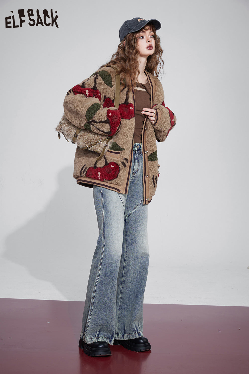ELFSACK Kawaii Cherry Thicken Cotton Jackets Women Korean Fashion Outwears