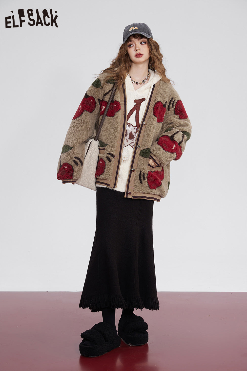 ELFSACK Kawaii Cherry Thicken Cotton Jackets Women Korean Fashion Outwears