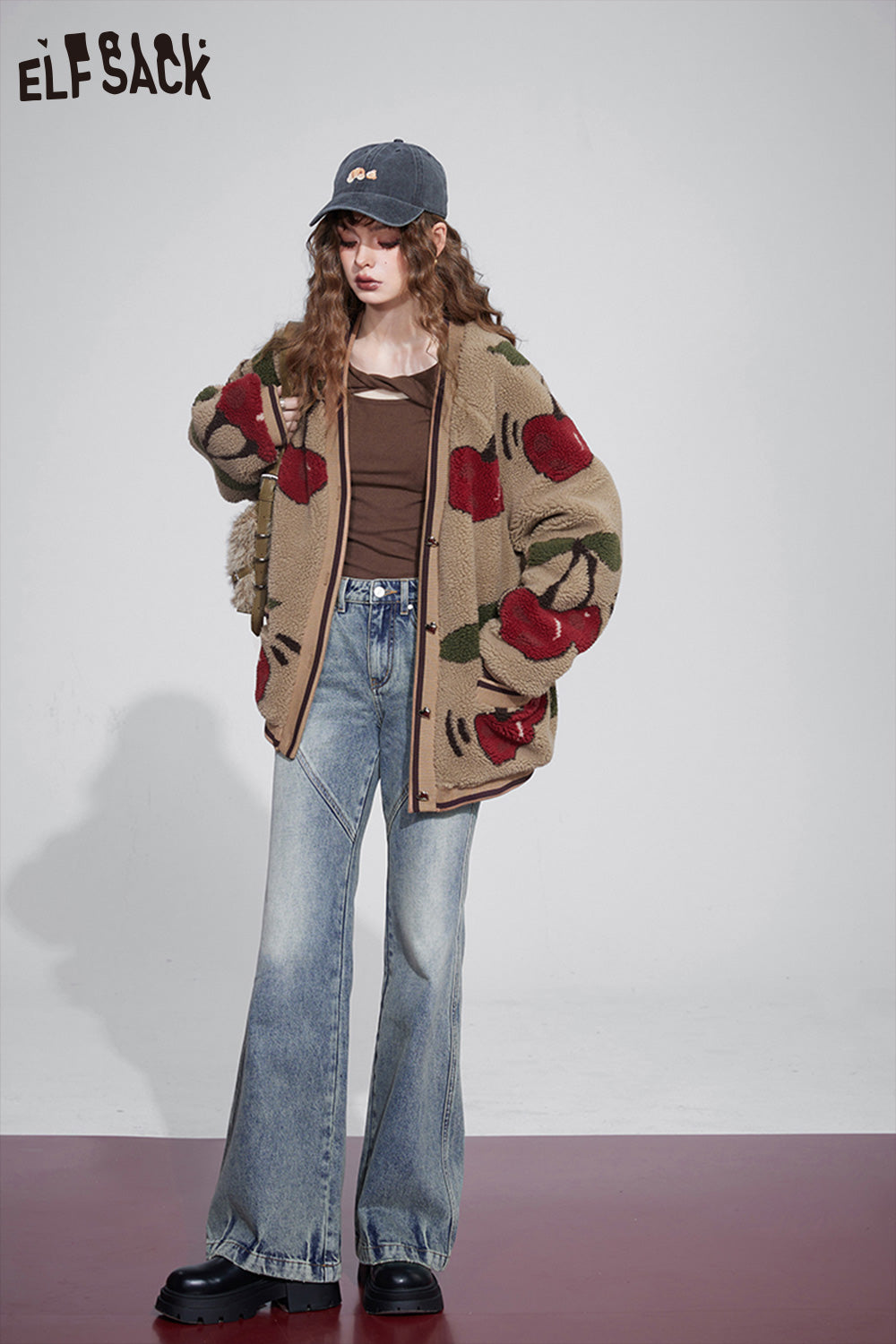 ELFSACK Kawaii Cherry Thicken Cotton Jackets Women Korean Fashion Outwears