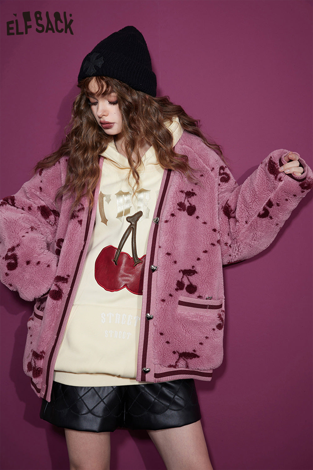 ELFSACK Kawaii Cherry Thicken Cotton Jackets Women Korean Fashion Outwears