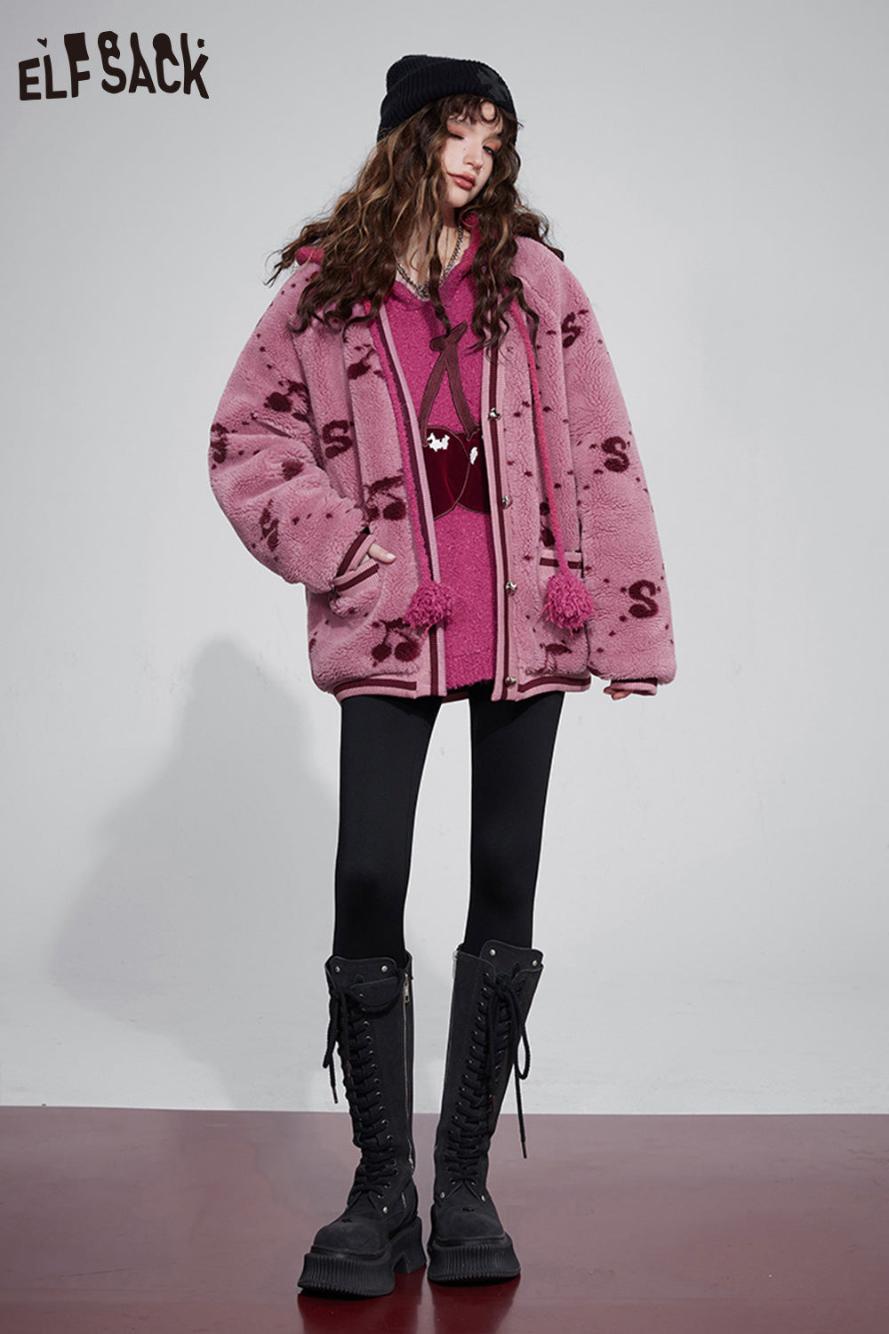 ELFSACK Kawaii Cherry Thicken Cotton Jackets Women Korean Fashion Outwears