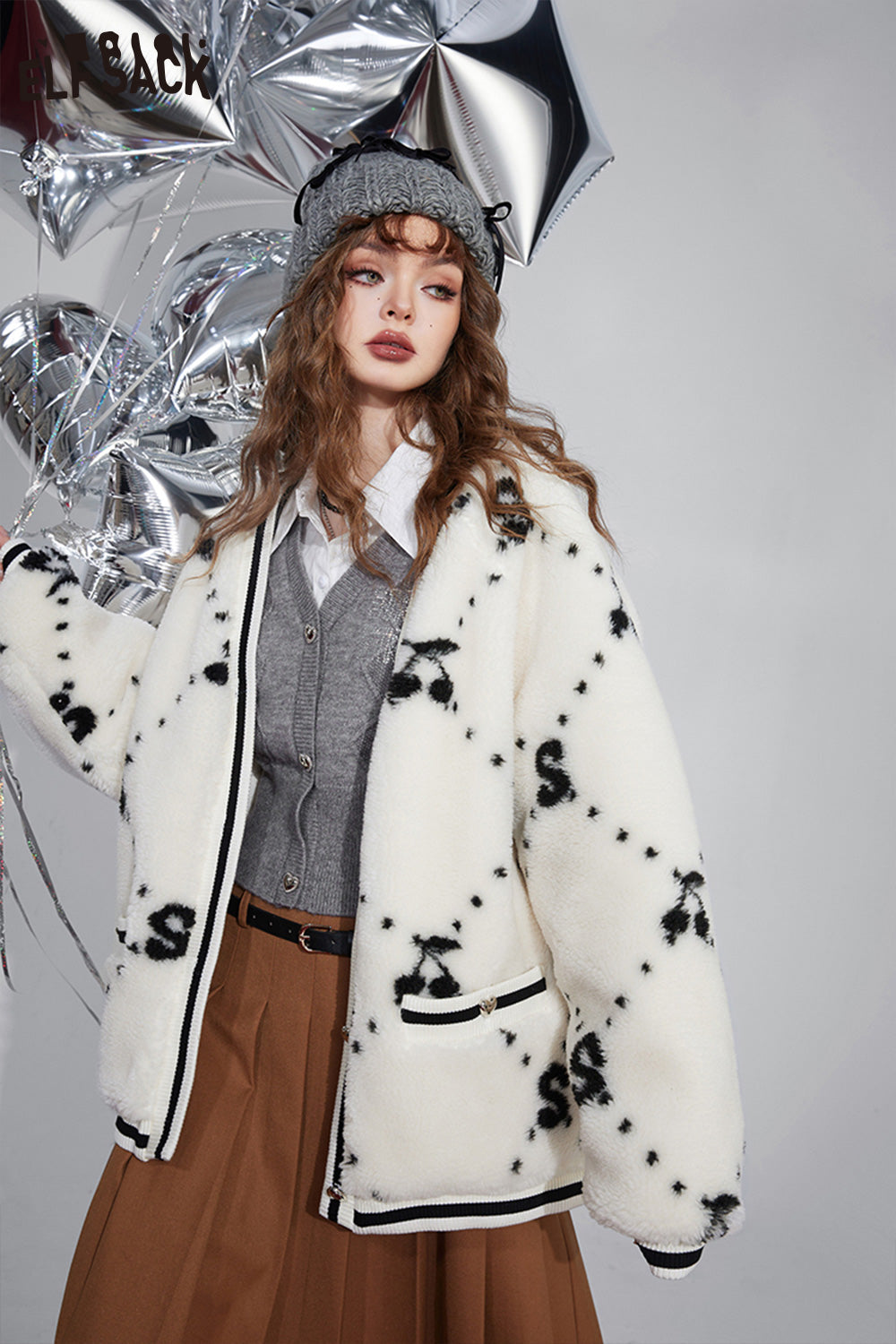 ELFSACK Kawaii Cherry Thicken Cotton Jackets Women Korean Fashion Outwears