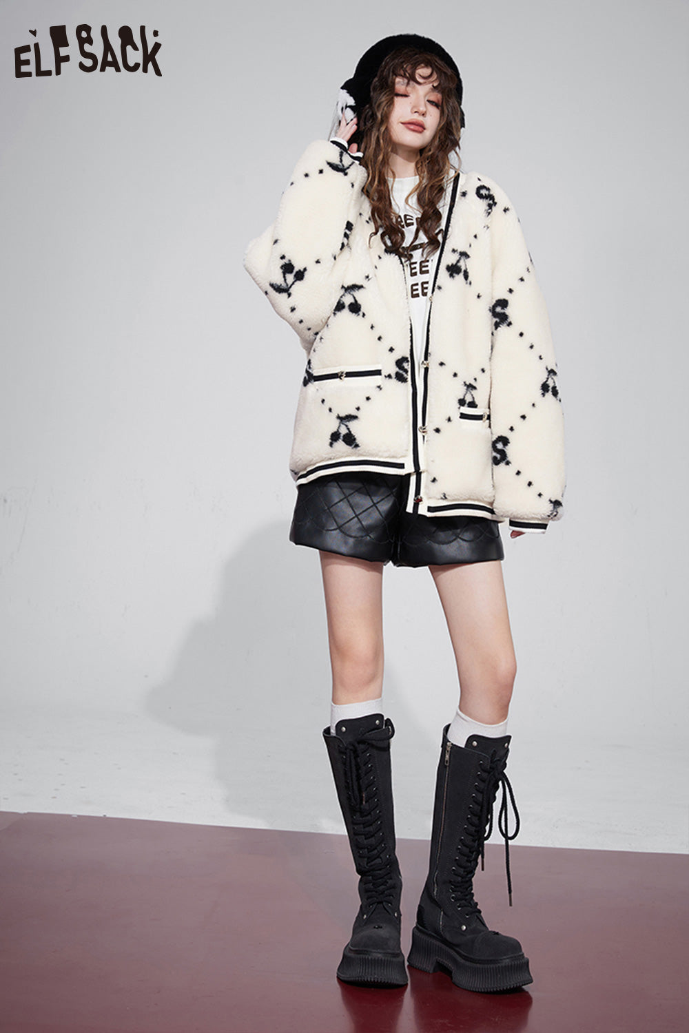 ELFSACK Kawaii Cherry Thicken Cotton Jackets Women Korean Fashion Outwears