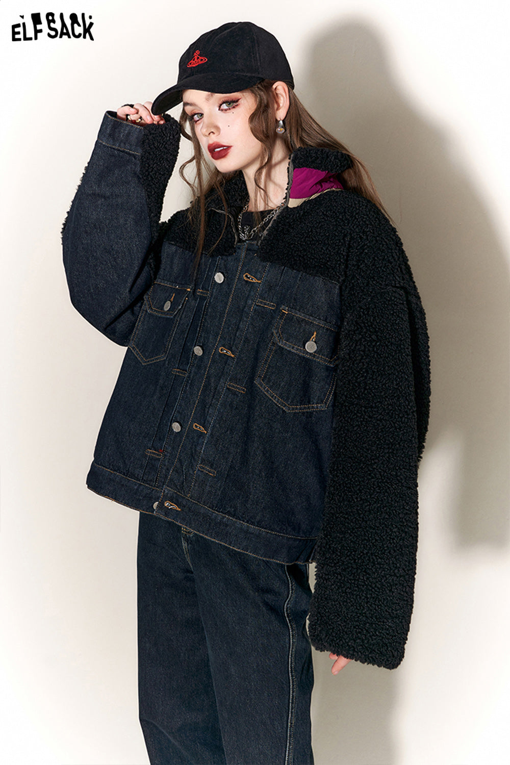 ELFSACK Denim Spliced Fleece Cotton Coats Women Luxuey Short Outwears