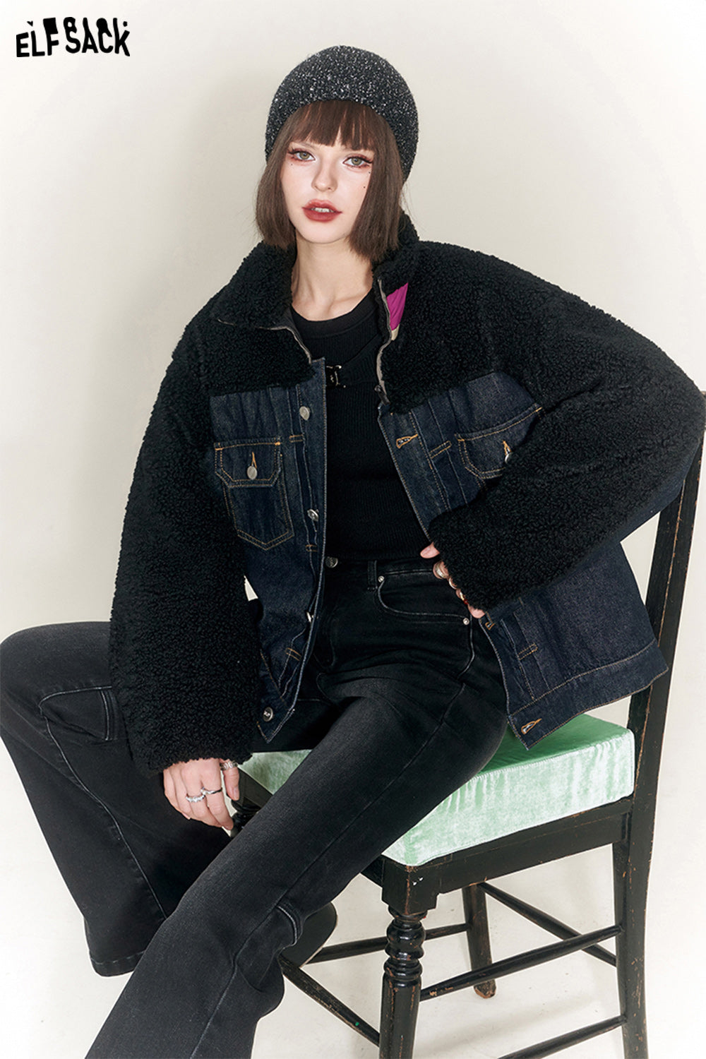 ELFSACK Denim Spliced Fleece Cotton Coats Women Luxuey Short Outwears