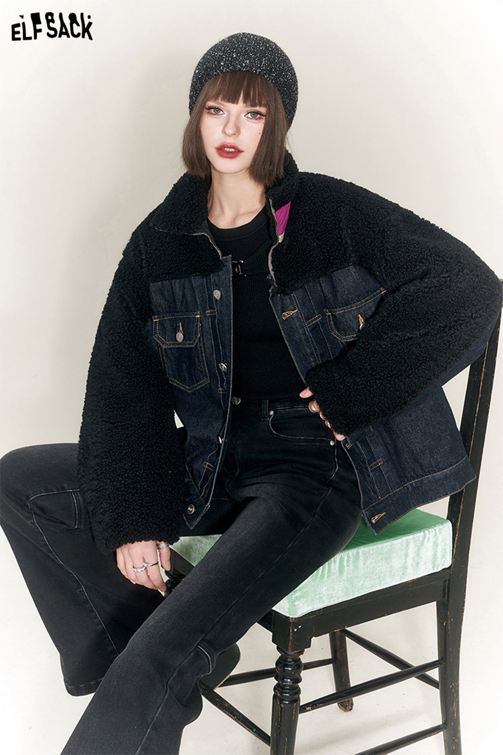 
                  
                    ELFSACK Denim Spliced Fleece Cotton Coats Women 2023 Winter New Luxuey Short Outwears
                  
                