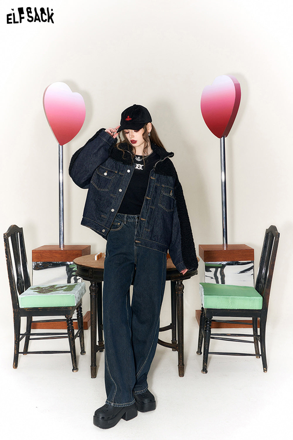 ELFSACK Denim Spliced Fleece Cotton Coats Women Luxuey Short Outwears