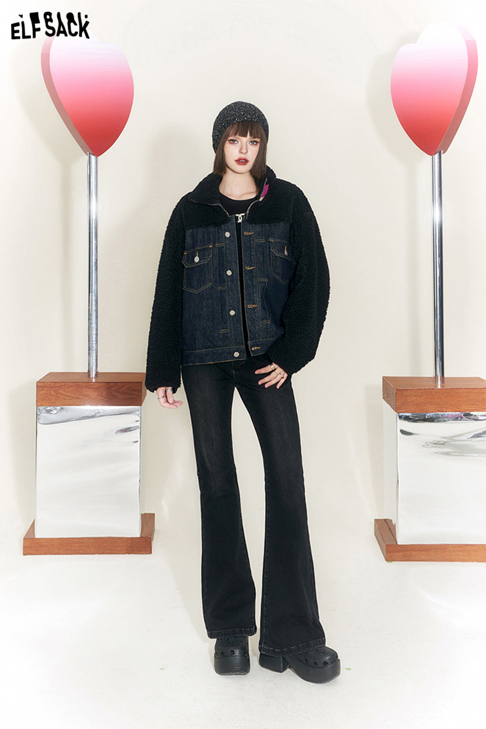 ELFSACK Denim Spliced Fleece Cotton Coats Women Luxuey Short Outwears