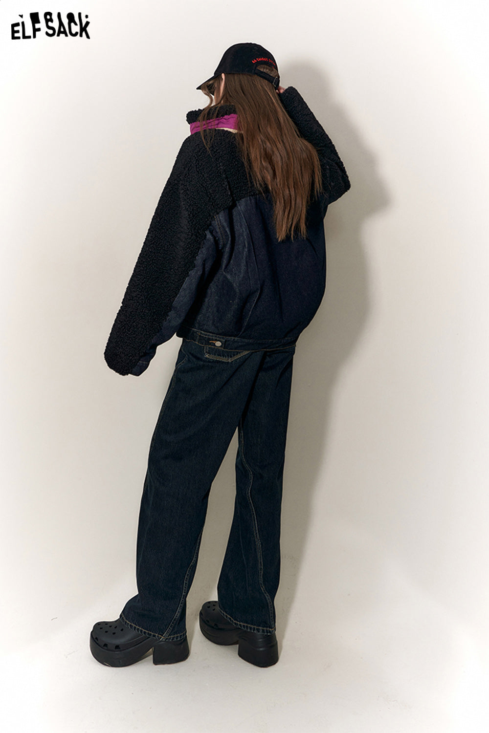 ELFSACK Denim Spliced Fleece Cotton Coats Women Luxuey Short Outwears