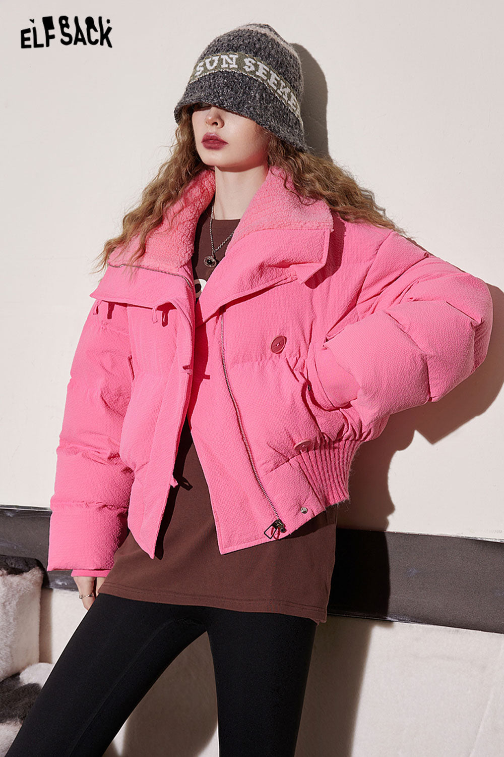 ELFSACK Pink Lapel Warm Down Coats Women 2023 Winter Loose Short Casual Outwears