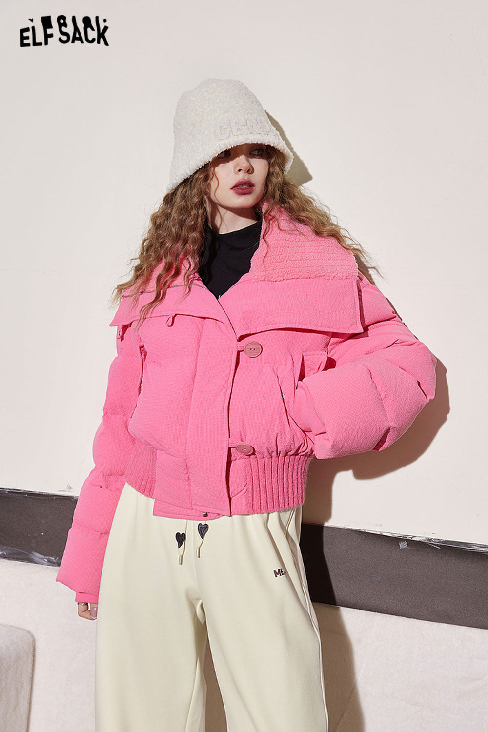 ELFSACK Pink Lapel Warm Down Coats Women Loose Short Casual Outwears