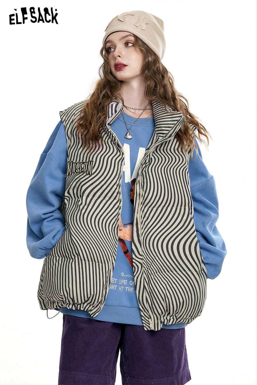 
                  
                    ELFSACK Striped Detachable Down Vest Women 2023 Autumn/Winter New Loose Warm Outwears
                  
                