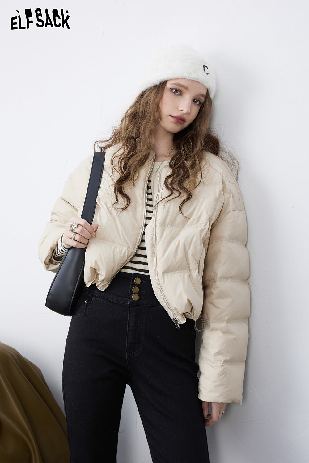 ELFSACK Solid Pure Short Down Jacket Women Minimalist Coats