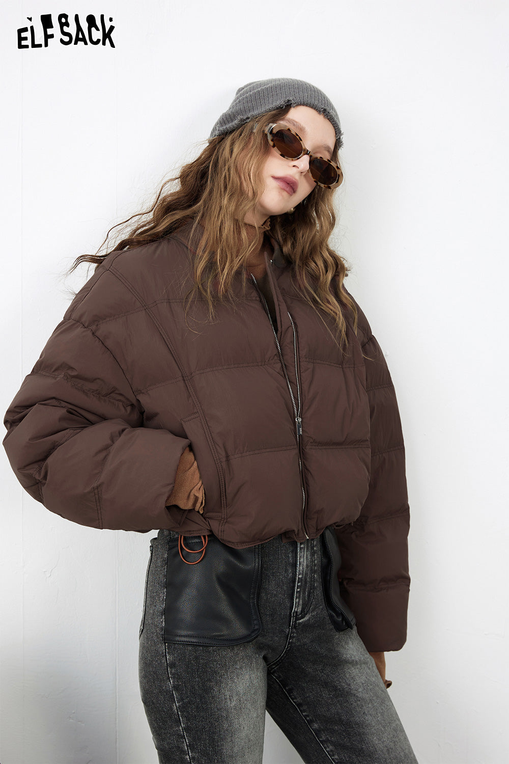 ELFSACK Solid Pure Short Down Jacket Women Minimalist Coats