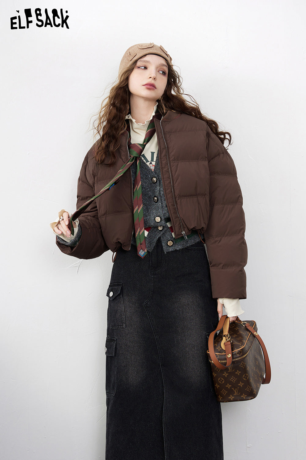ELFSACK Solid Pure Short Down Jacket Women Minimalist Coats