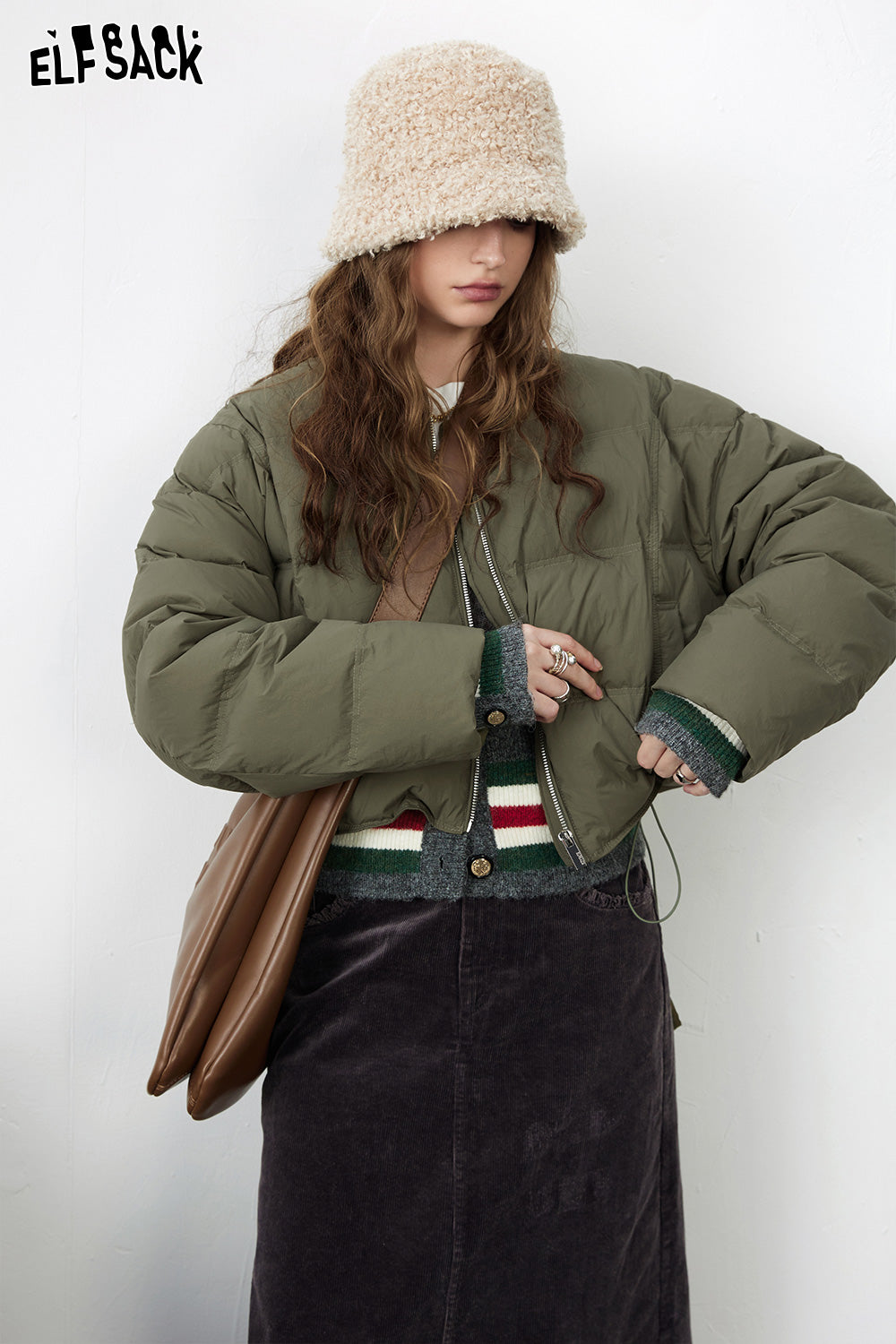 ELFSACK Solid Pure Short Down Jacket Women Minimalist Coats