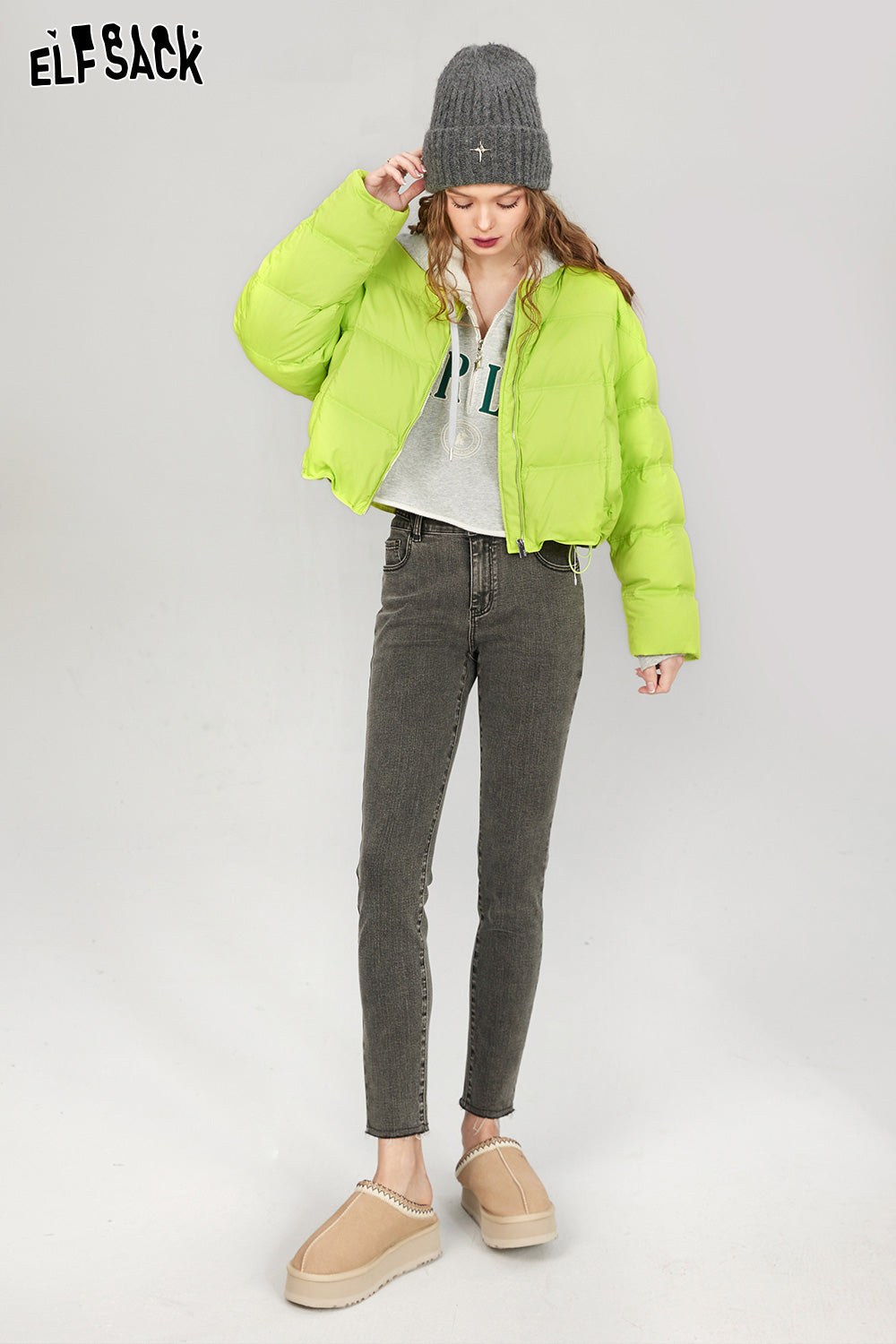 ELFSACK Solid Pure Short Down Jacket Women Minimalist Coats