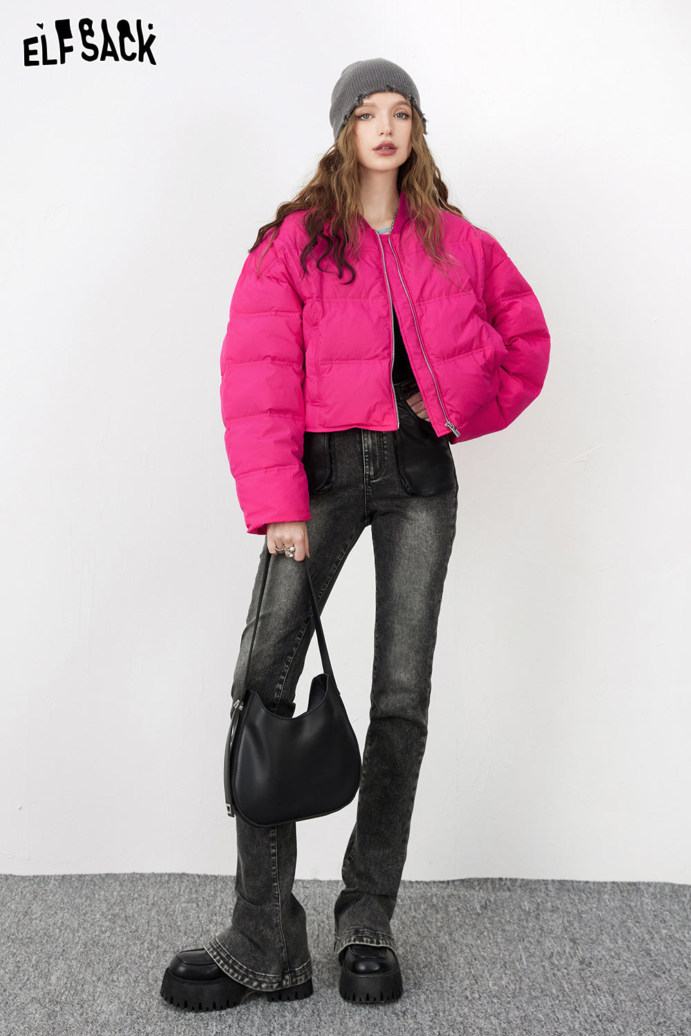 ELFSACK Solid Pure Short Down Jacket Women Minimalist Coats