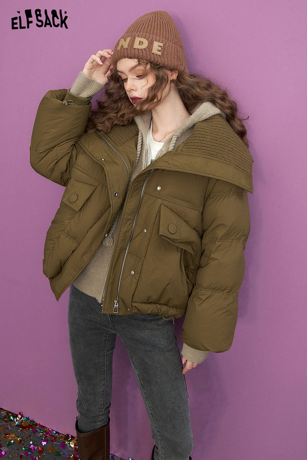 ELFSACK Olive Green Down Coats Women 2023 Winter New Lapel Loose Designed Jackets