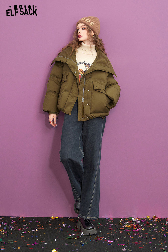 
                  
                    ELFSACK Olive Green Down Coats Women 2023 Winter New Lapel Loose Designed Jackets
                  
                