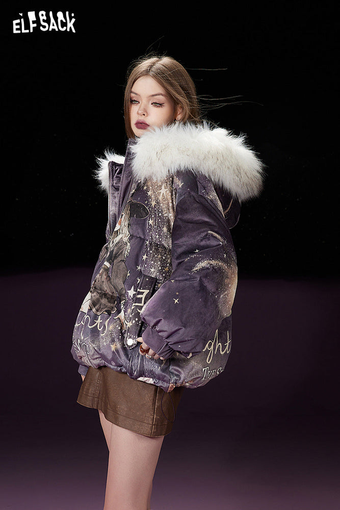 
                  
                    ELFSACK Purple Collar Detachable Down Coats Women 2023 Winter Warm Printing Outwears
                  
                