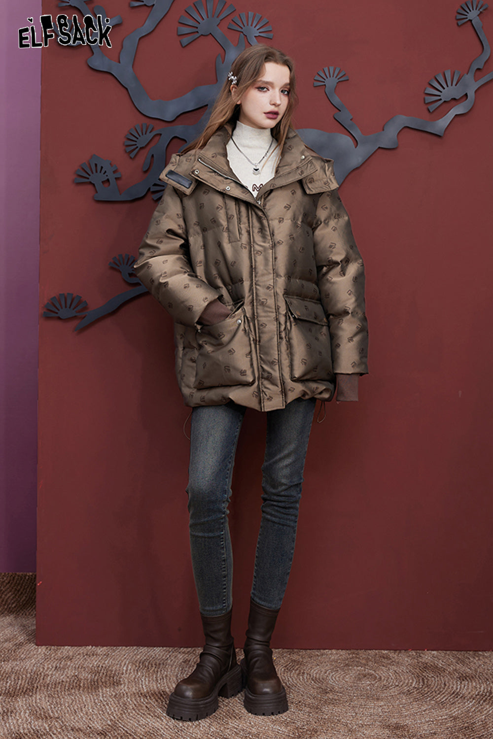 ELFSACK Brown Down Coats Women Loose Mid-length Designed Jackets