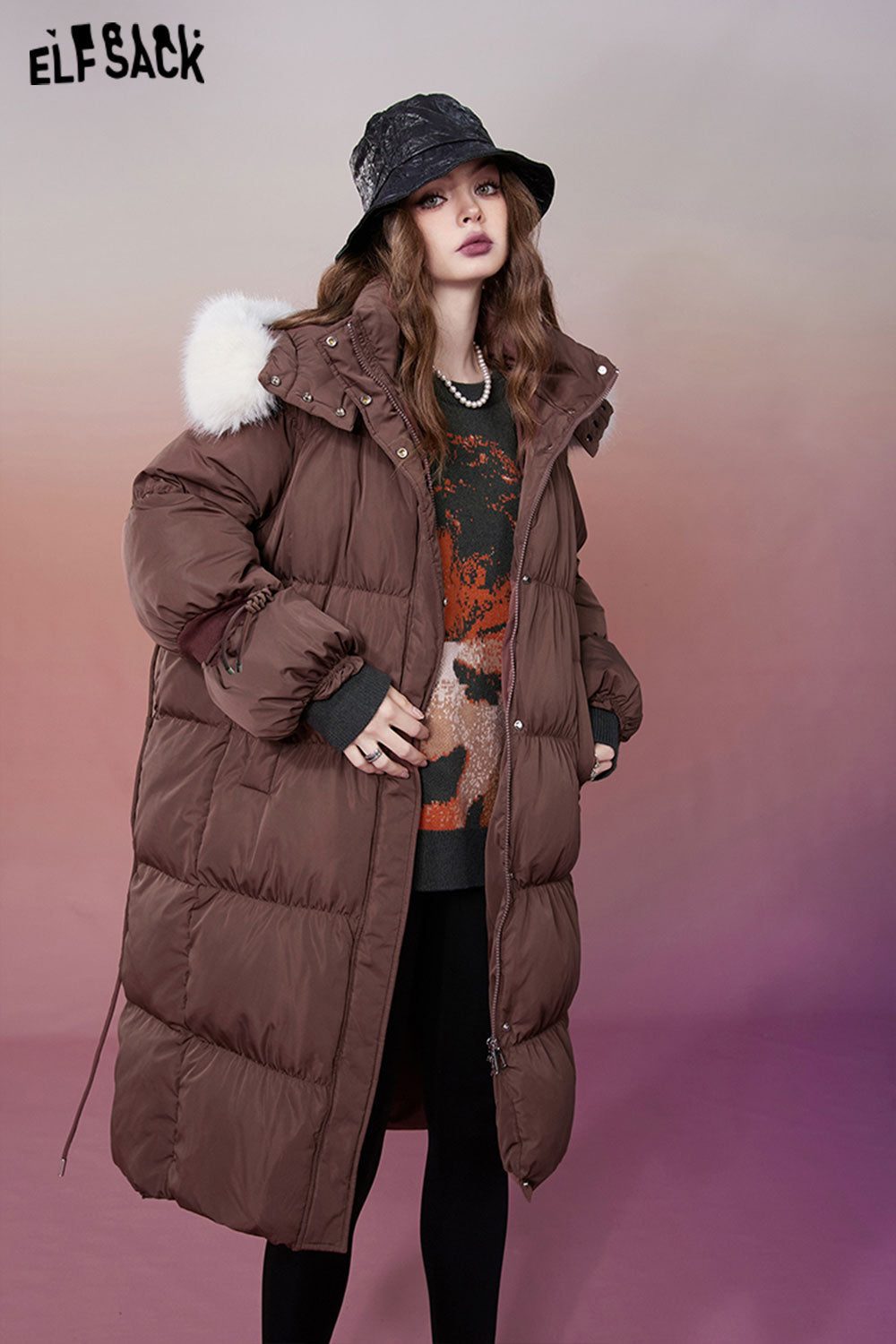 ELFSACK 2000s Retro Houndstooth Down Coats Women Designed Jackets