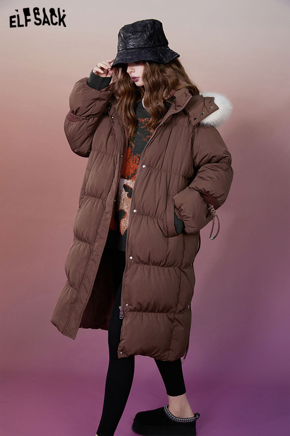 ELFSACK 2000s Retro Houndstooth Down Coats Women Designed Jackets
