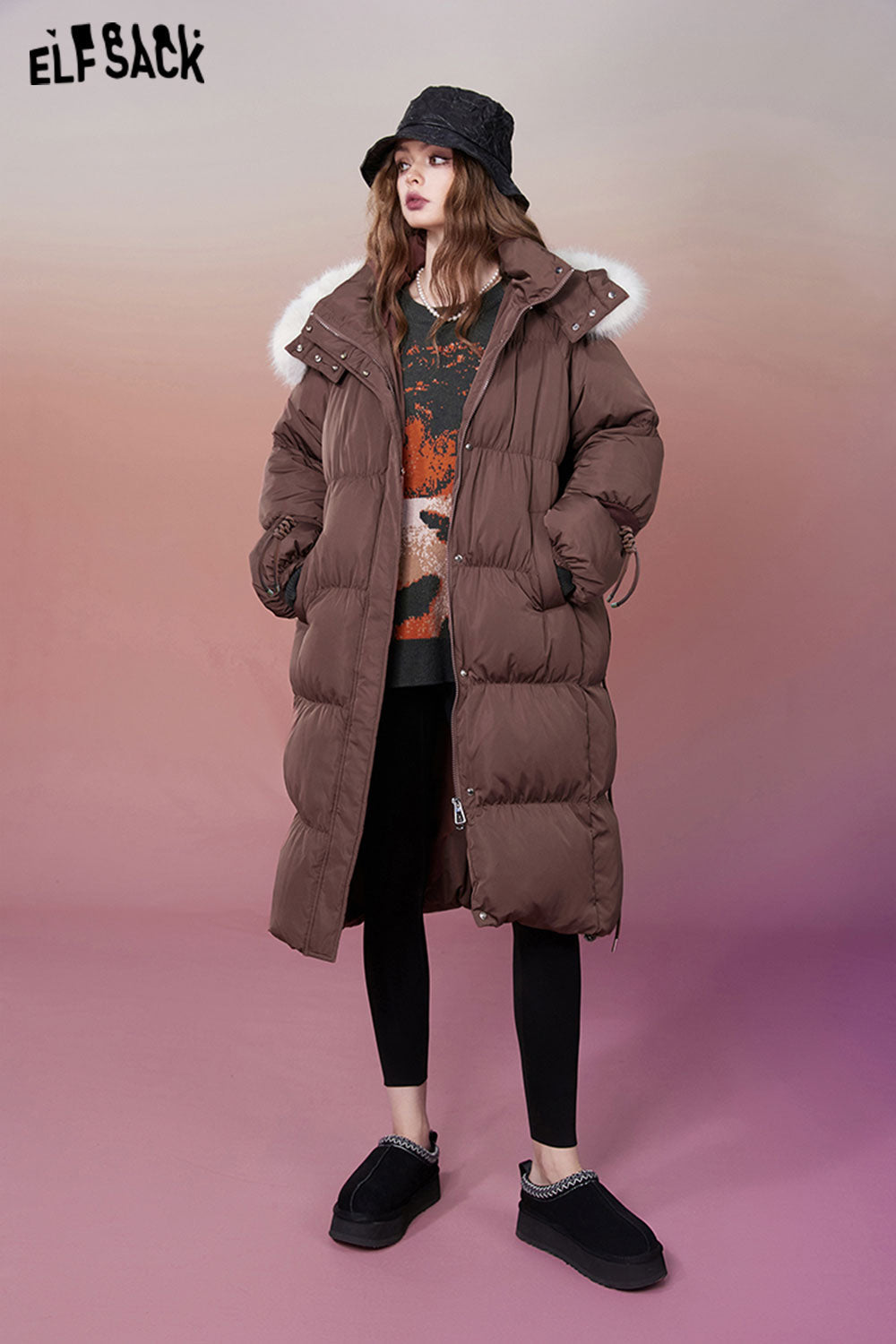 ELFSACK 2000s Retro Houndstooth Down Coats Women Designed Jackets