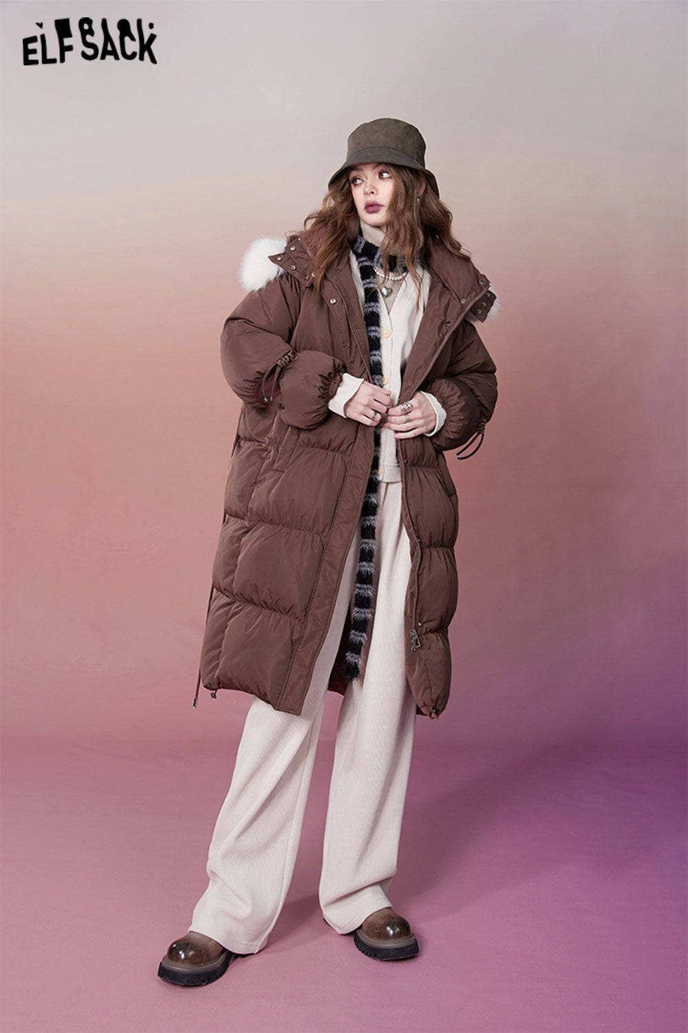 ELFSACK 2000s Retro Houndstooth Down Coats Women Designed Jackets