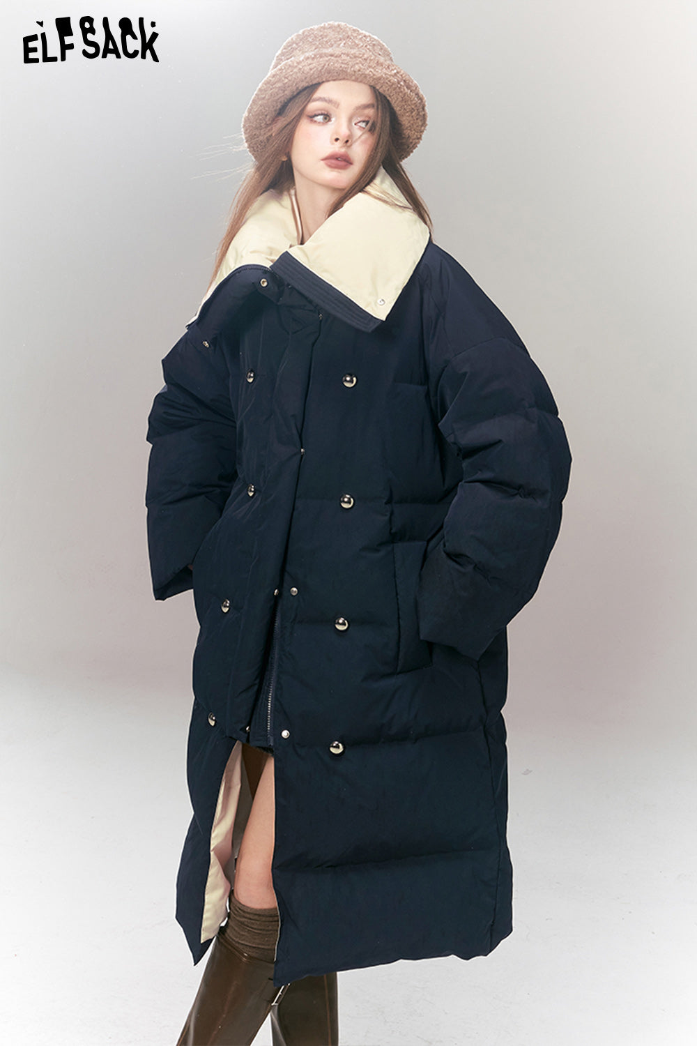 ELFSACK Korean Fashion Down Coats Women Luxury Mid-length Outwears