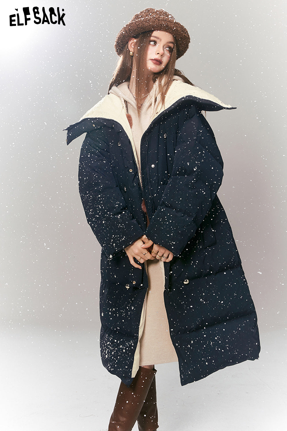 ELFSACK Korean Fashion Down Coats Women Luxury Mid-length Outwears