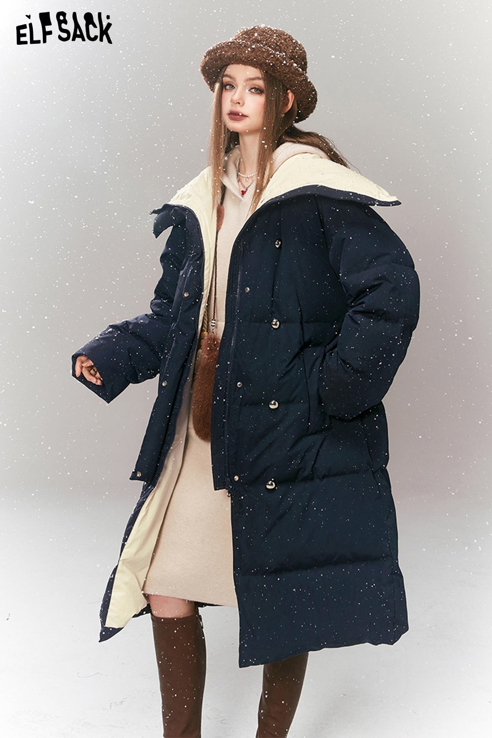 ELFSACK Korean Fashion Down Coats Women Luxury Mid-length Outwears