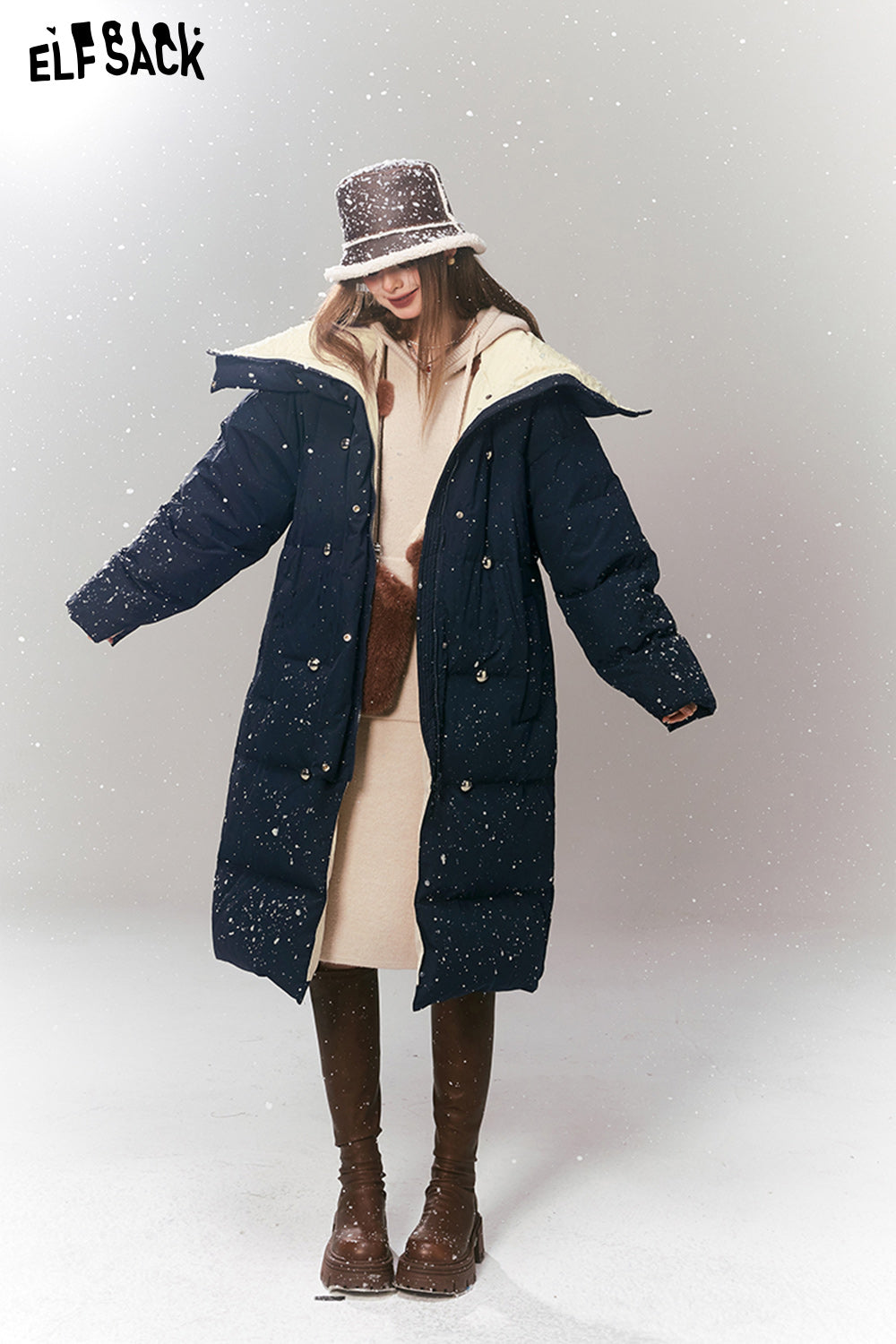 ELFSACK Korean Fashion Down Coats Women Luxury Mid-length Outwears