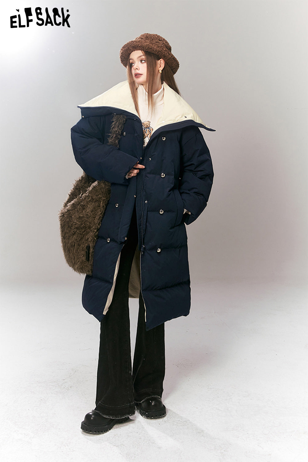 ELFSACK Korean Fashion Down Coats Women Luxury Mid-length Outwears