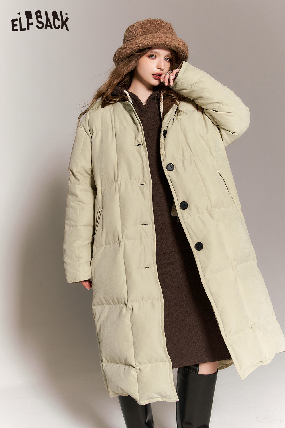 ELFSACK 2000s Retro Down Coats Women 2023 Winter New Korean Fashion Designer Long Outwears