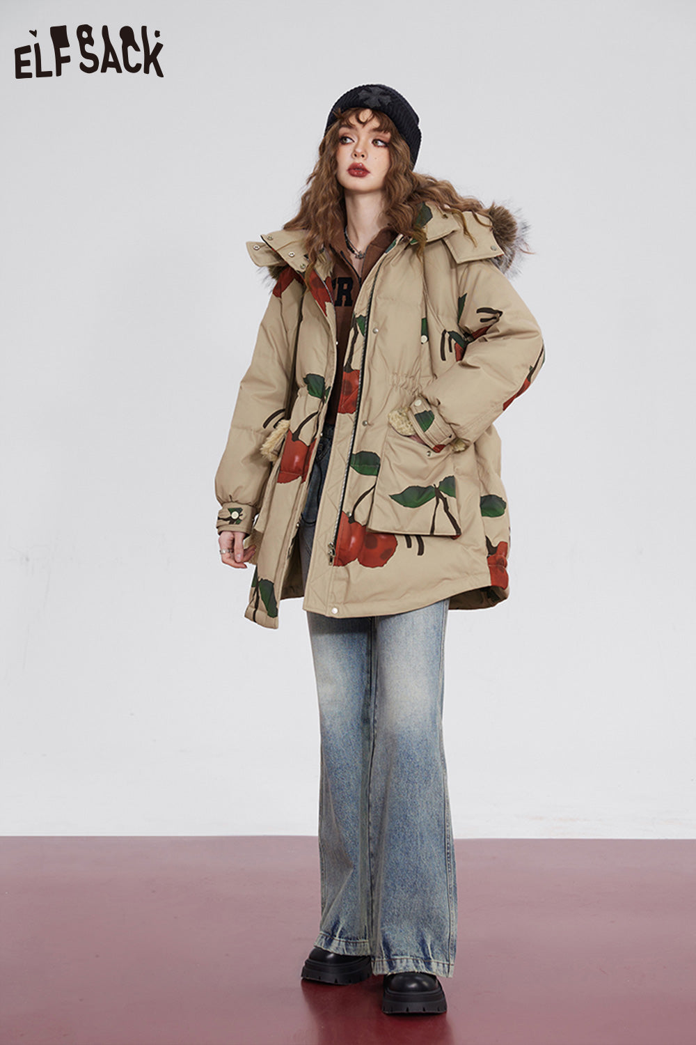 ELFSACK Graphic Cherry Korean Fashion Down Coats Women Designer Outwears