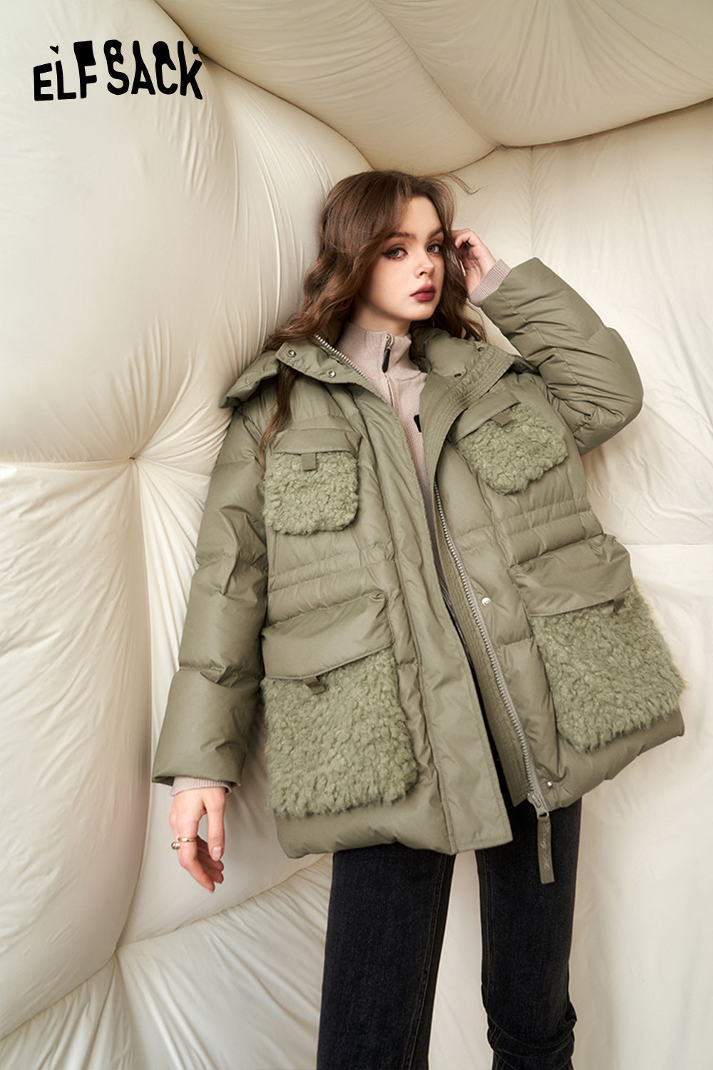 ELFSACK Spliced Thick Down Coats Women Korean Fashion Designer Jackets