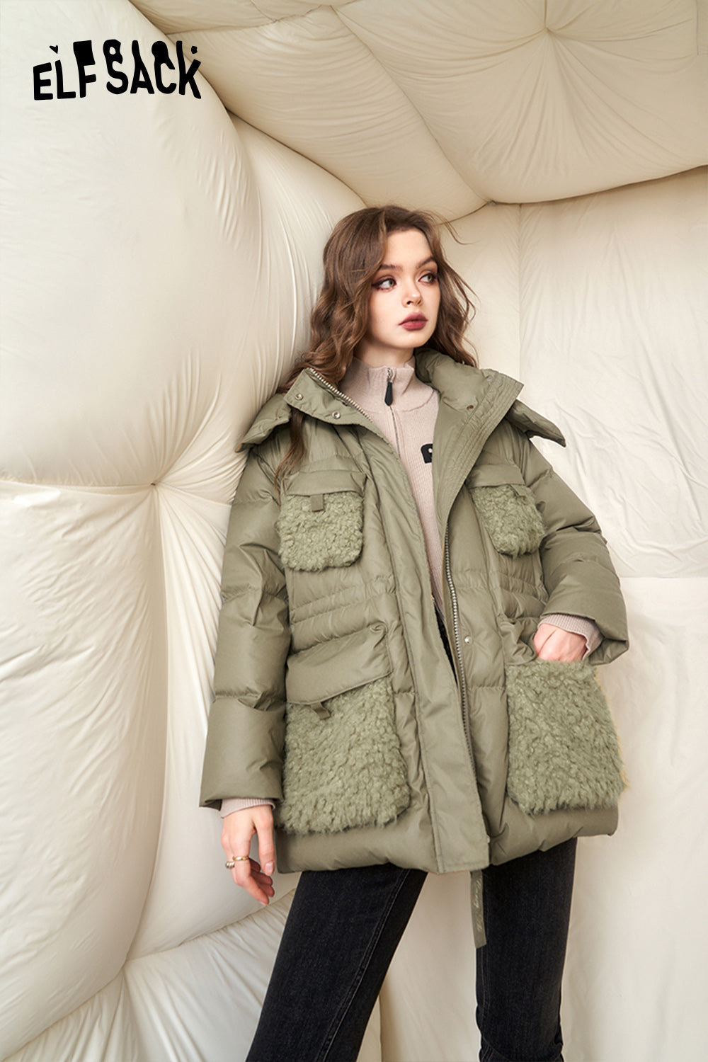 ELFSACK Spliced Thick Down Coats Women Korean Fashion Designer Jackets