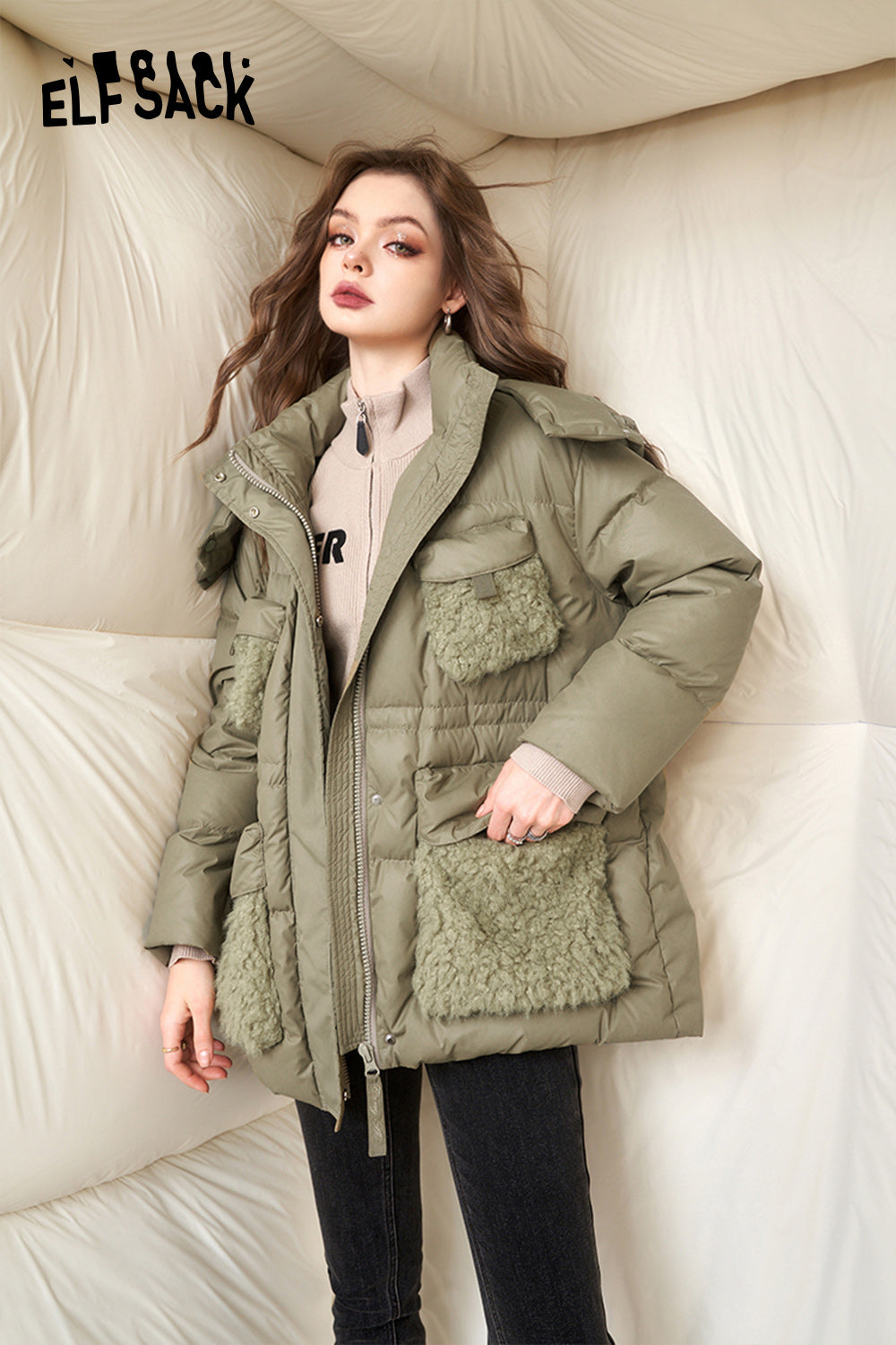 ELFSACK Spliced Thick Down Coats Women Korean Fashion Designer Jackets