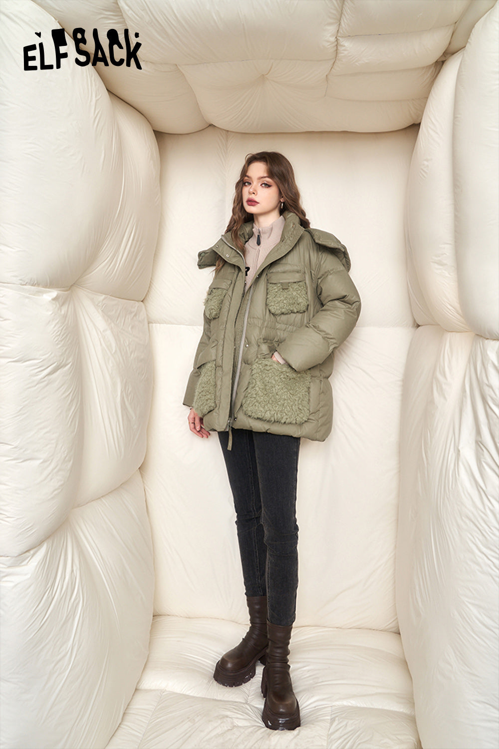 ELFSACK Spliced Thick Down Coats Women Korean Fashion Designer Jackets