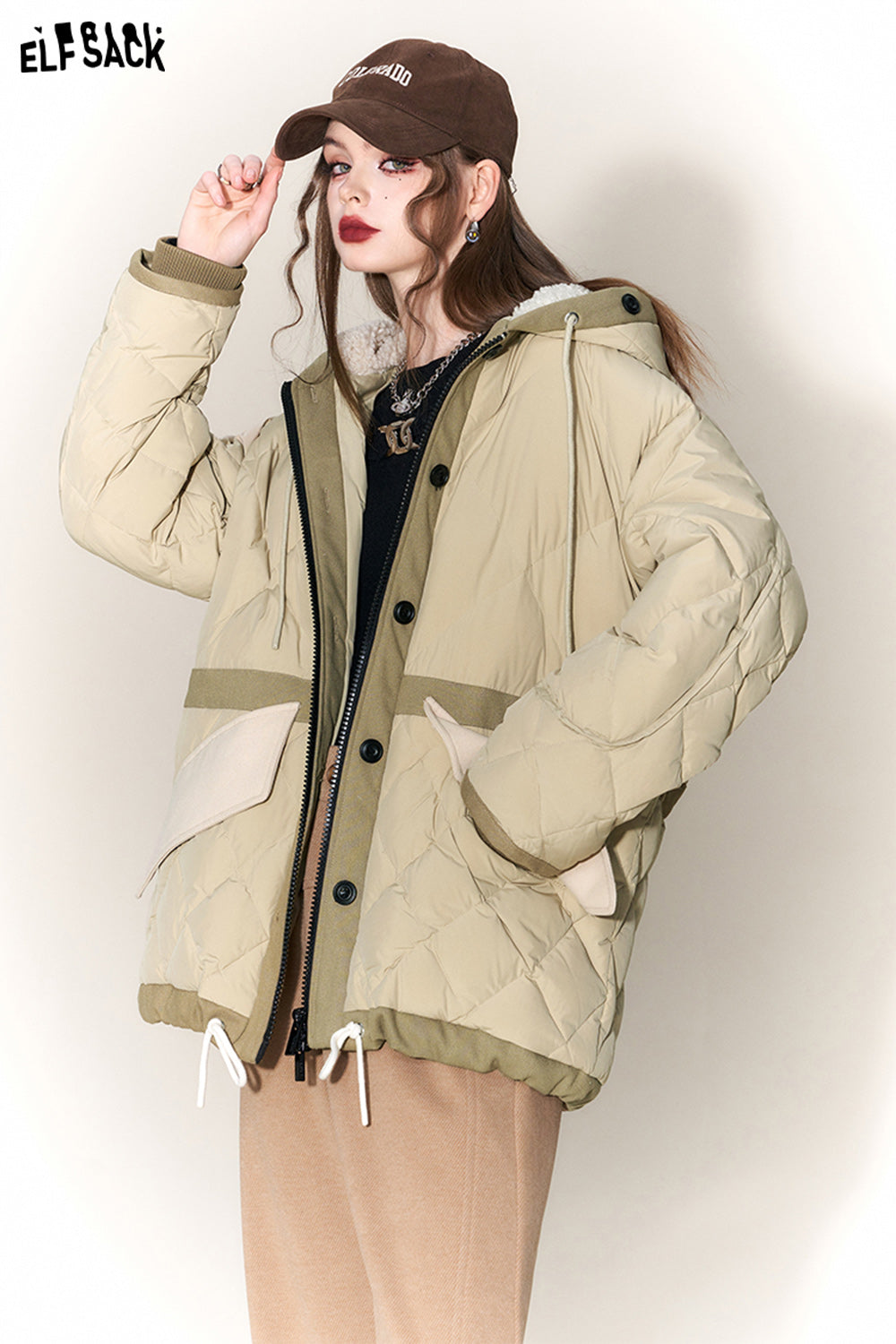 ELFSACK Spliced Thicken Hooded Down Coats Women Chinese Fashion Designer Jackets